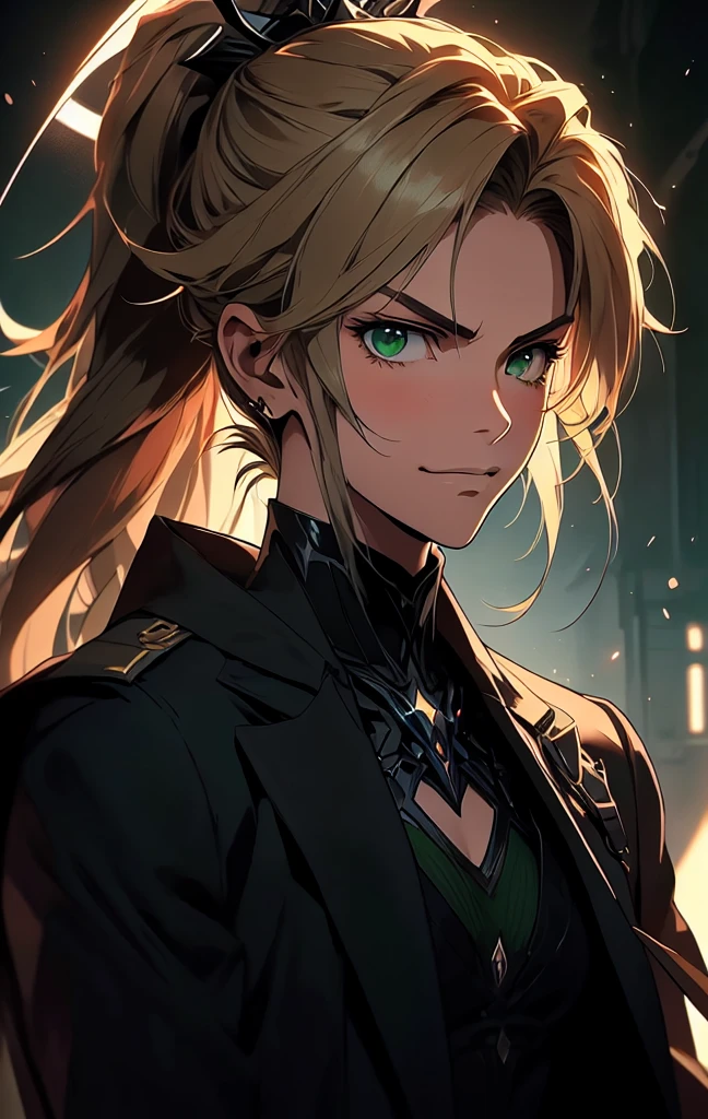 masterpiece, best quality, (detailed anime, video game art, extremely detailed CG unity 8k wallpaper), (best quality), (best illustration), (best shadow), absurdres, realistic lighting, (Abyss), beautiful detailed glow, anime, solo, 1girl, (small chest, portrait, close up shot:1.22), (mordred:0.89), female, feminine, blonde hair, green eyes, ponytail, tomboy, long hair, (dynamic pose, attack stance, valkyrie, smirk:1.03), messy hair, royalty warrior, soldier, vicious expression, grin, (glaring:1.44), death glare, kubrick stare, perspective view, (\ ( three quarter profile \ ):0.55), suit and tie, overcoat, black suit, belt, spotlight, dark theme