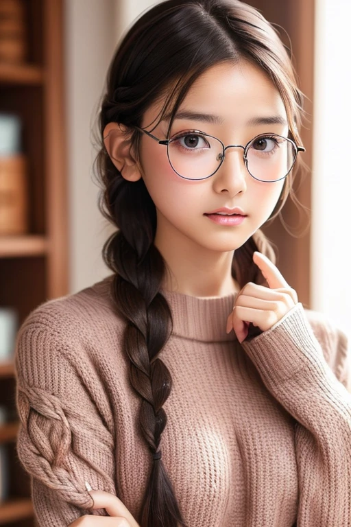 1 female,Brown Hair, ,((Anxious expression)),Beautiful breasts,Sweater knit,stylish,,(look forward to)(((Blushing、Surprised expression)),(((Braiding))),((( Upper body portrait)))Frameless Glasses、bangs