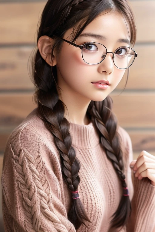 1 female,Brown Hair, ,((Anxious expression)),Beautiful breasts,Sweater knit,stylish,,(look forward to)(((Blushing、Surprised expression)),(((Braiding))),((( Upper body portrait)))Frameless Glasses、bangs