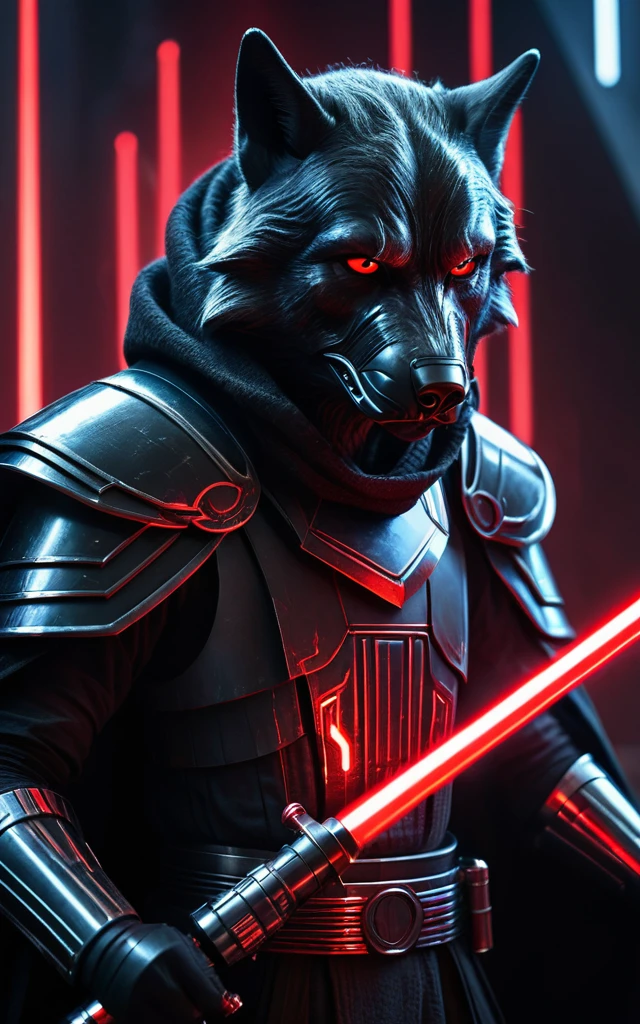 cinematic star wars, black  wolf humanoid sith lord, extremely detailed face and features, , intricate armor, red glowing lightsaber, dramatic lighting, epic fantasy, muted color palette, cinematic composition, dramatic combat poses, hyper realistic, 8k, high quality, masterpiece