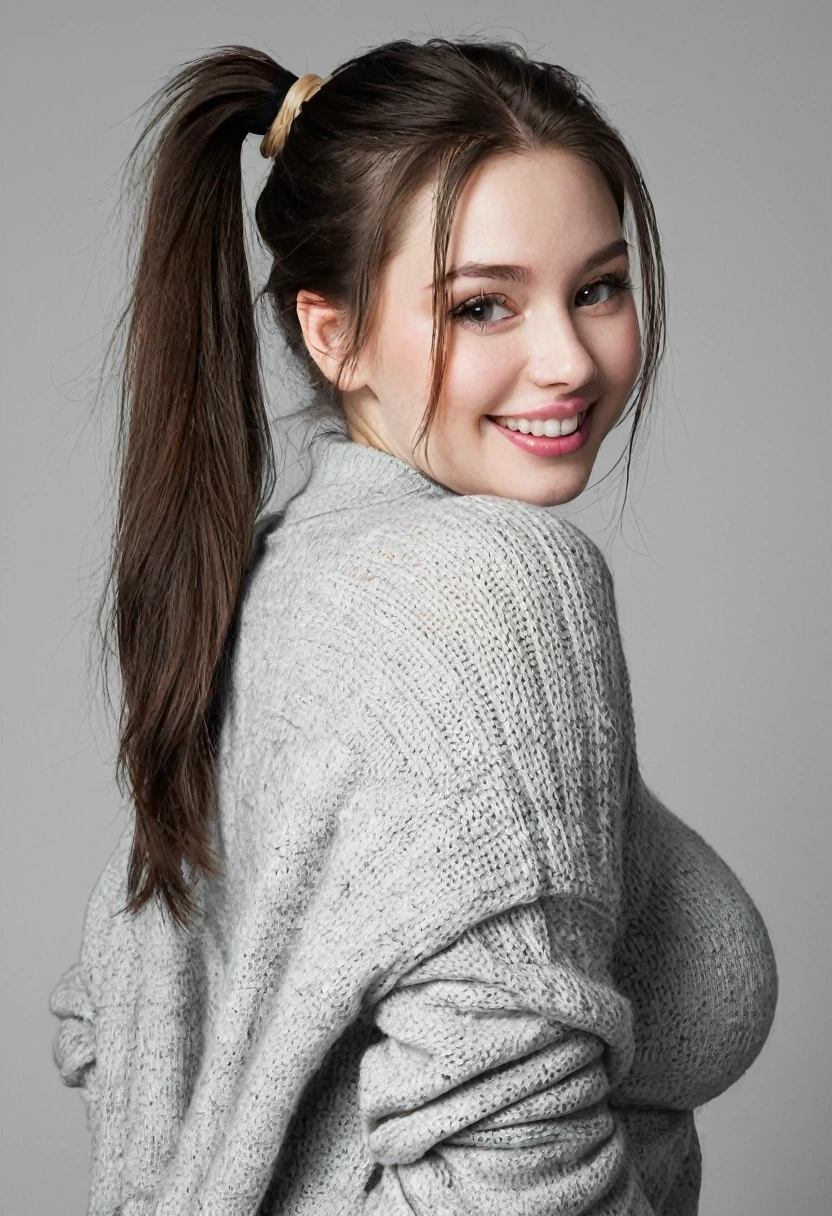 Young woman, Caucasian, brunette, high ponytail, pale skin, messy ponytail, cute face, unbelievably beautiful face, big lips, large breasts, wide hips, oversized sweater, cleavage, shy face, why smile, full body,