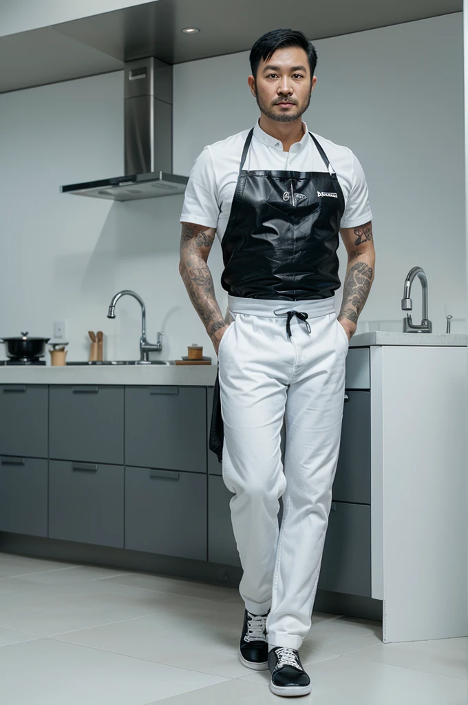 Photo caricature 4D realistic, big head, full body,an adult man with an Asian face, 30 years old,clean face, ,tattooed hands,neat short black hair ,wearing white chef clothes , white apron, light blue jeans,formal black leather shoes,standing while facing the front, White background in luxury kitchen UHD Quality+ very detail.