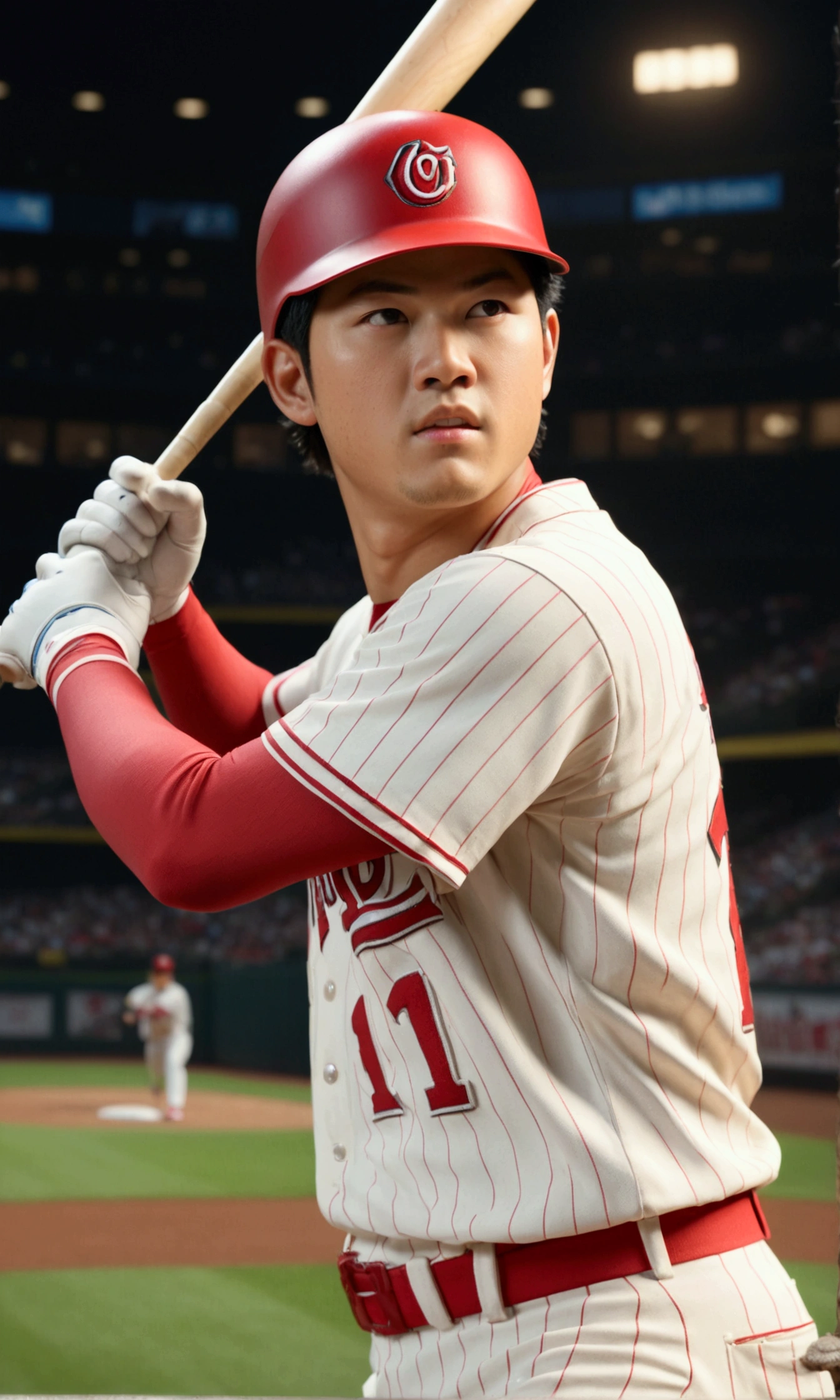 1boy, Shohei Ohtani, baseball player, batting stance, hitting home run, back shot, cinematic angle, detailed facial features, realistic, hyper-realistic, photorealistic, (best quality,4k,8k,highres,masterpiece:1.2),ultra-detailed,(realistic,photorealistic,photo-realistic:1.37),studio lighting,vivid colors,dramatic lighting