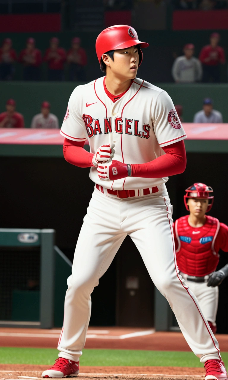 1boy, Shohei Ohtani, baseball player, batting stance, hitting home run, back shot, cinematic angle, detailed facial features, realistic, hyper-realistic, photorealistic, (best quality,4k,8k,highres,masterpiece:1.2),ultra-detailed,(realistic,photorealistic,photo-realistic:1.37),studio lighting,vivid colors,dramatic lighting