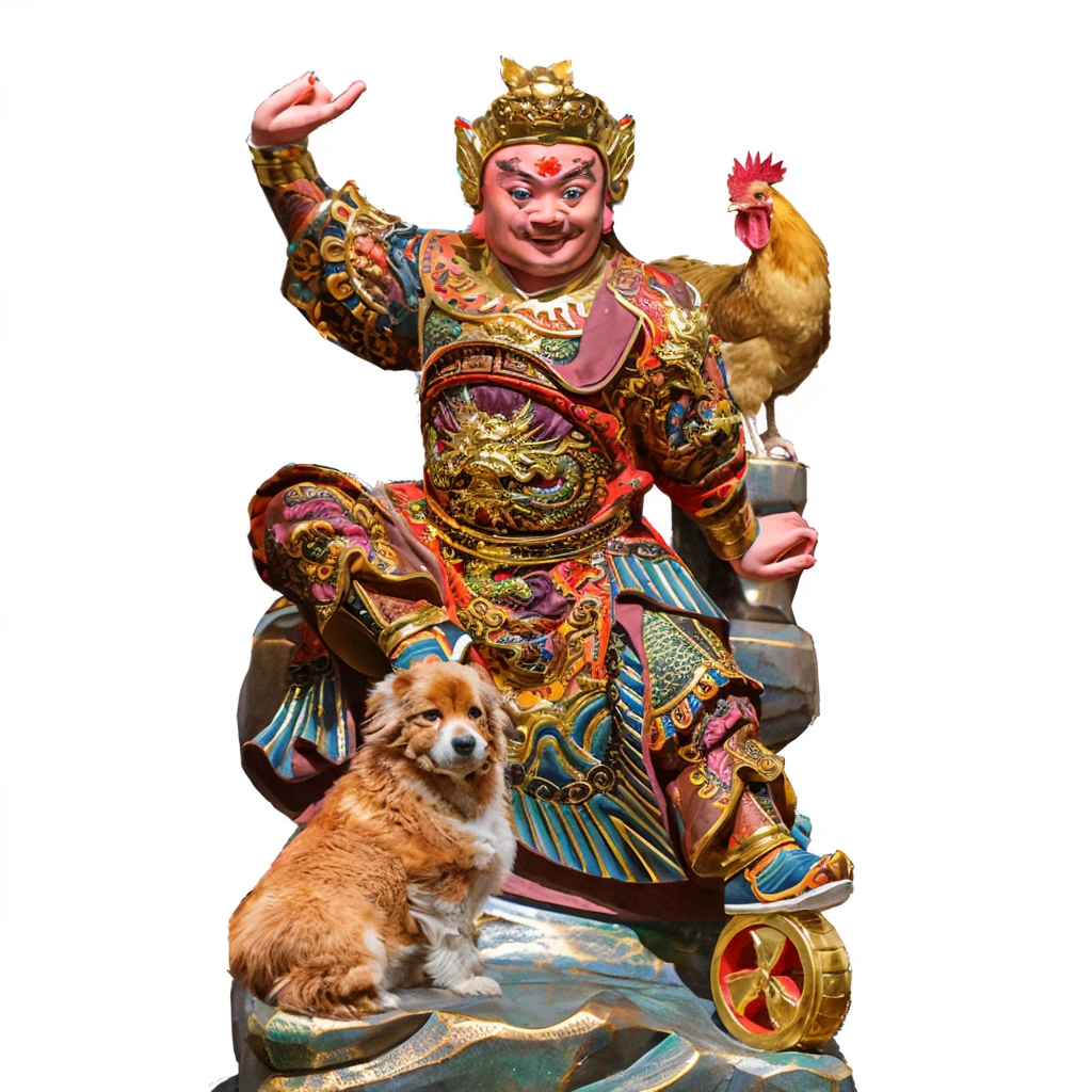 a young chinese man wearing dragon robe and armour. a dog, a rooster, chinese mythology, stepping a golden wheel, no hair, smilling, bald, big forehead