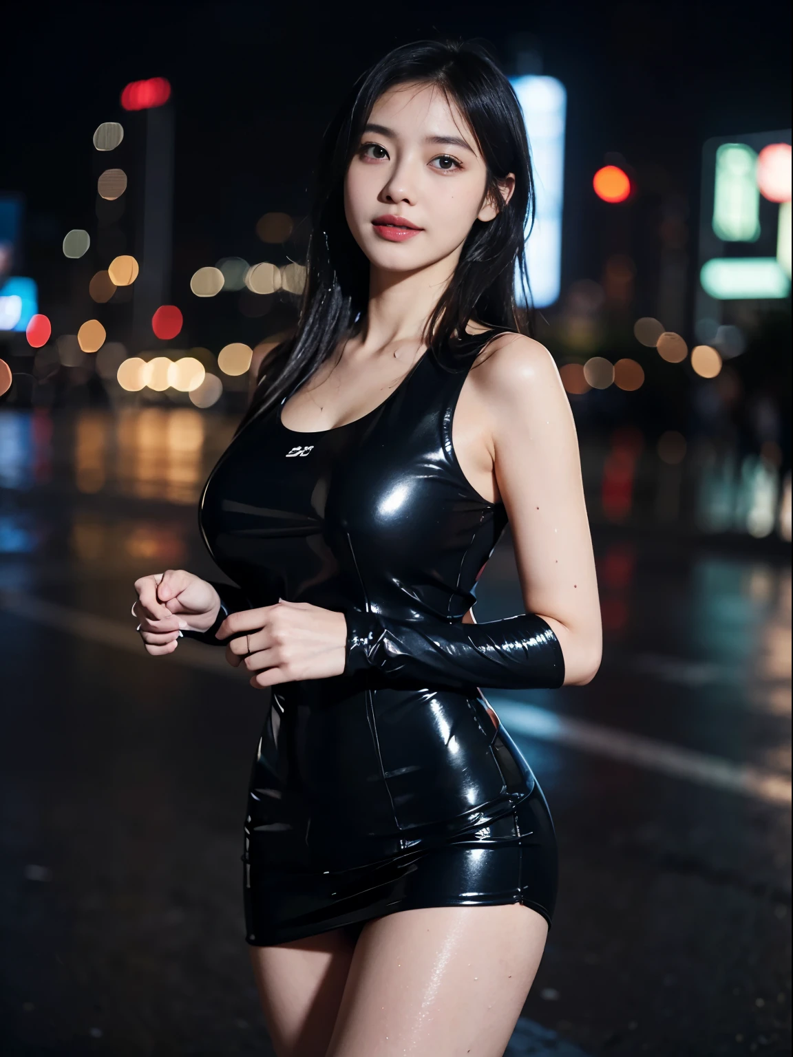 1 woman、Korean、Korean、cyberpunk suit、latex miniskirt, smooth rubber、tight suit、chest chuck、intricate details、high quality、(upscale:1.4)、Staring at me、ultra realistic 8k、Perfection face、perfection、clean、masterpiece、professional artwork、famous works、Perfection face、beautiful expression、beautiful eyes、short black hair、high heels、wet hair、very big breasts、best image quality、natural background、(focus on chest)、No pants, (RAW Photography:1.2)、top-quality、white, a beautiful detailed girl、tight water suit、latex wet suit, a smile、Twin-tailed、extremely detailed eye and face、beatiful detailed eyes、huge filesize、hight resolution、hight resolution、8k wallpapenely detail、Highly detailed ticker uniform 8k wallpaper、Light on the face、movie lighting、16-year-old girl、sexy pose、(photorealisim:1.4)、illustratio、surrealism、 frombelow、super detailing、masterpiece