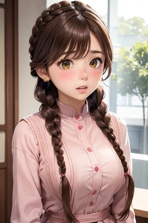1 Female,Brown Hair, ,((Anxious expression)),Beautiful breasts,uniform,Stylish,,(Look forward)(((Blushing、Surprised expression)),(((Braid))),((( Upper body portrait)))、bangs