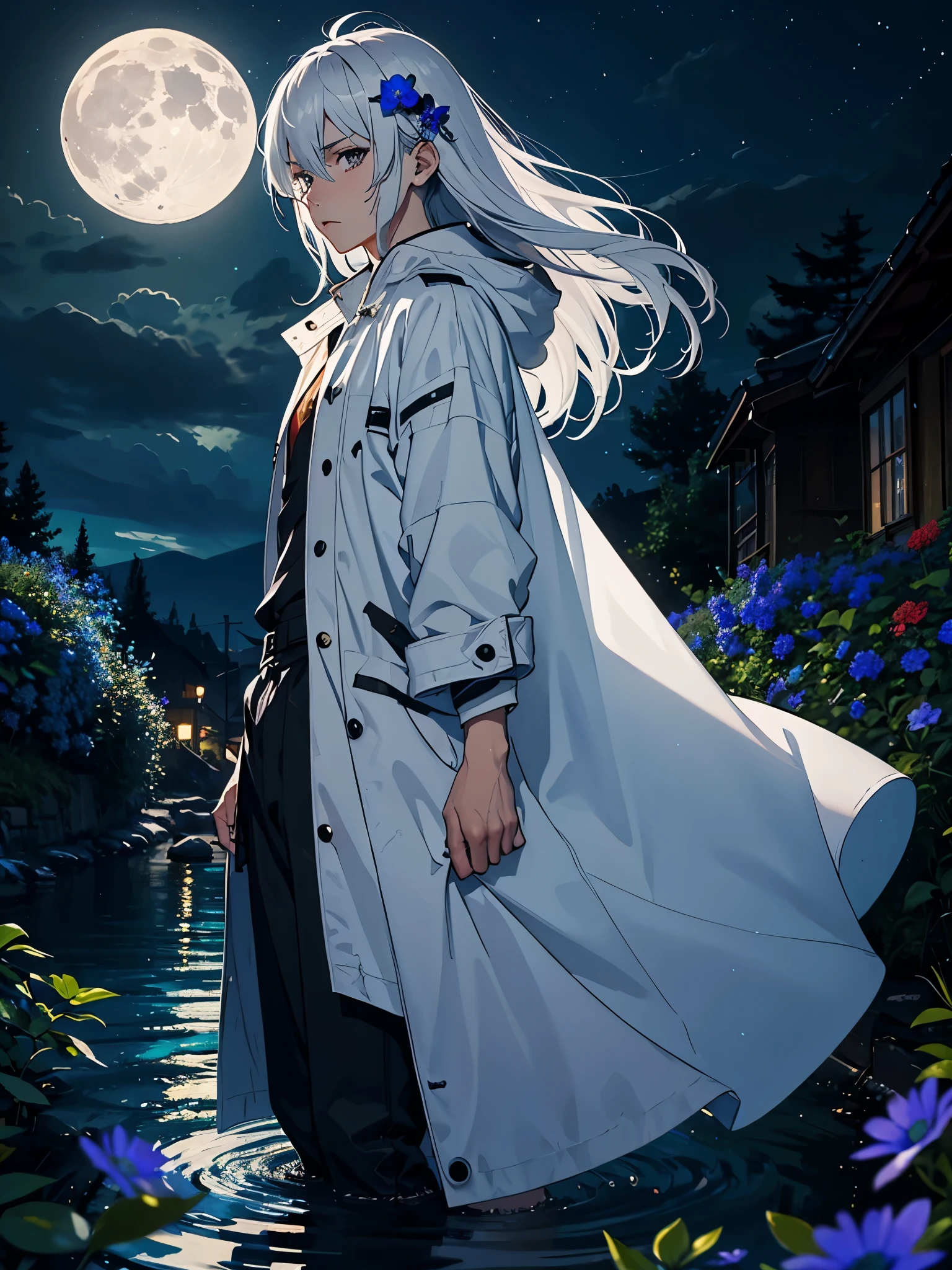 Jünger. Modern jacket. Modern times. Blaie Clothing. Lightening flowers. More anime. male. Blue flowers. Long hair. long white hair. aquatic, boy, God of the Moon, silver hair accessories, White hair, White dress, cape, at night.
