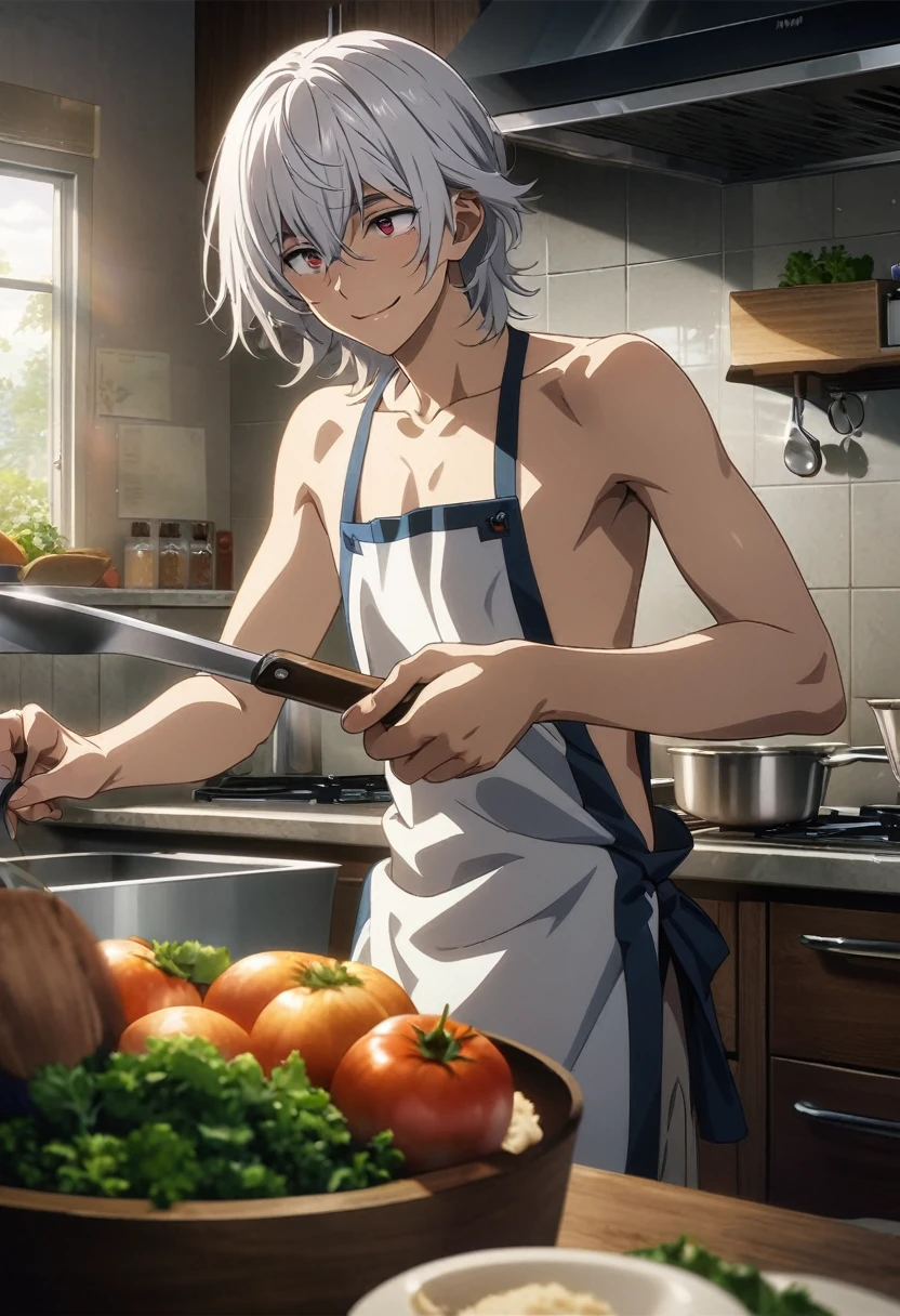 anime art, 1boy, solo male, male focus, highschool boy, beautiful boy, neck length white hair, small red droopy eyes, he has fair skin, he is naked, he only wears an apron, he is slender, slender body, he is smiling, he is in kitchen, he is cooking, ultra-detailed, ultra quality, high resolution, hdr, masterpiece, cinematic, detailed, absurdres
