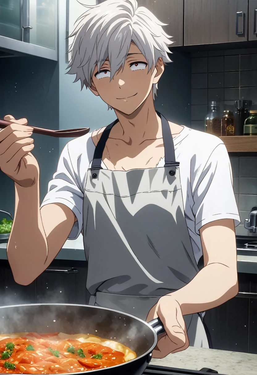 anime art, 1boy, solo male, male focus, highschool boy, beautiful boy, neck length white hair, small red droopy eyes, he has fair skin, he is naked, he only wears an apron, he is slender, slender body, he is smiling, he is in kitchen, he is cooking, ultra-detailed, ultra quality, high resolution, hdr, masterpiece, cinematic, detailed, absurdres
