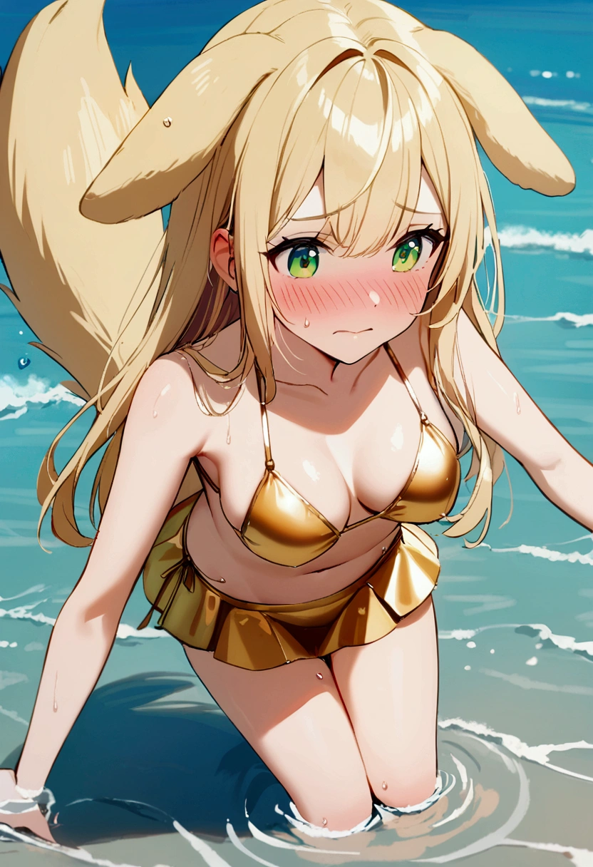 1girl with long blonde hair, green eyes, floppy dog ears, dog tail, embarrassed, blush, in golden bikini with mini skirt. In water, sea
