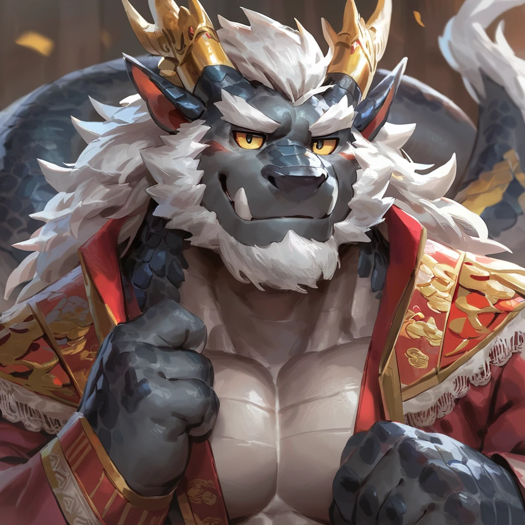(artist: gamma_g, lindong, null-ghost, dangpa) 1male, sfw, eastern dragon, character design, bara, one fluffy tail, old man, fluffy mane, perfect eyes, grey body, white hair, background, solo, scales, detailed scales, golden decals, casual western clothes, sharp short ears, yellow iris, white sclera, big eyes, white beard, sharp iris, thick thighs, muscular legs, veiny, fluffy hair, detailed face:2.0, one tail, masterpiece:2.0, sharp fang, perfect eyes, smug, chest fluff, (SuperQuality:1.0) ~ (SuperQuality:1.2)