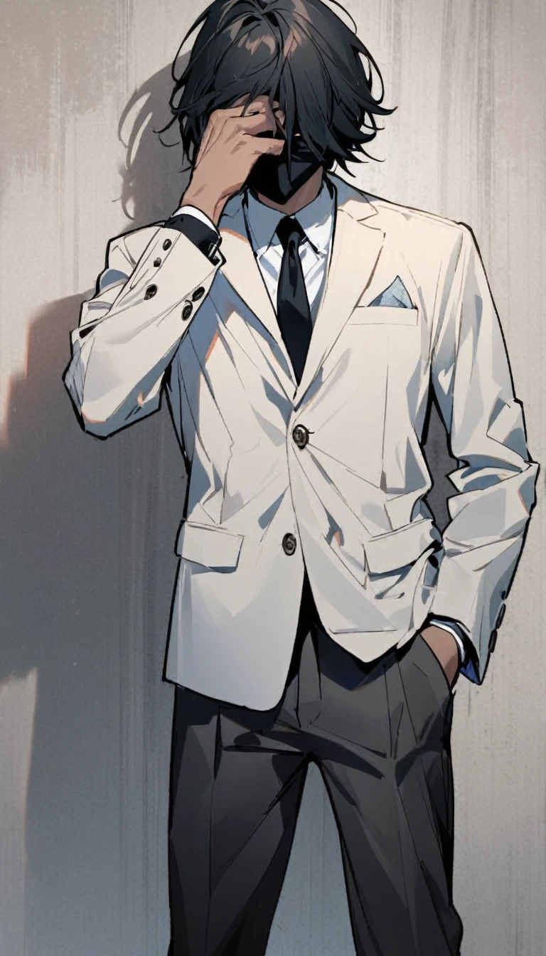 1boy, with black face mask ,black hair covering both his eyes,white blazer,,standing,hands in pocket