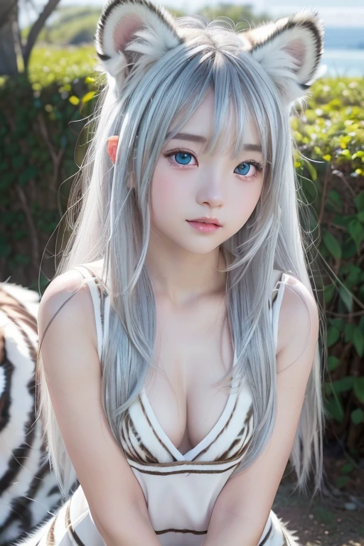 、Baby Face、classmate、whole body、(White Tigerの毛皮、Fluffy fur:1.5)、Small breasts、Small breasts、Pink nipples、smile、bangs、Long Hair、(White Tiger、Fox Ears、Silver Hair、Crystal clear hair、Smooth Hair:1.5)、Put your hand in front of you、The light shines on my hair、Light Hair、Silky Hair、Shiny Hair、The body is slim、RAW Photos, (Highest quality、masterpiece、Realistic photos:1.2)、Dramatic lighting、Bright lighting、Very detailed、Realistic skin texture、Beautiful eyes in every detail、Blue colored eyes、Ice Country、Rime on trees、Arctic、(Detailed Background、Written boundary depth:1.2)、