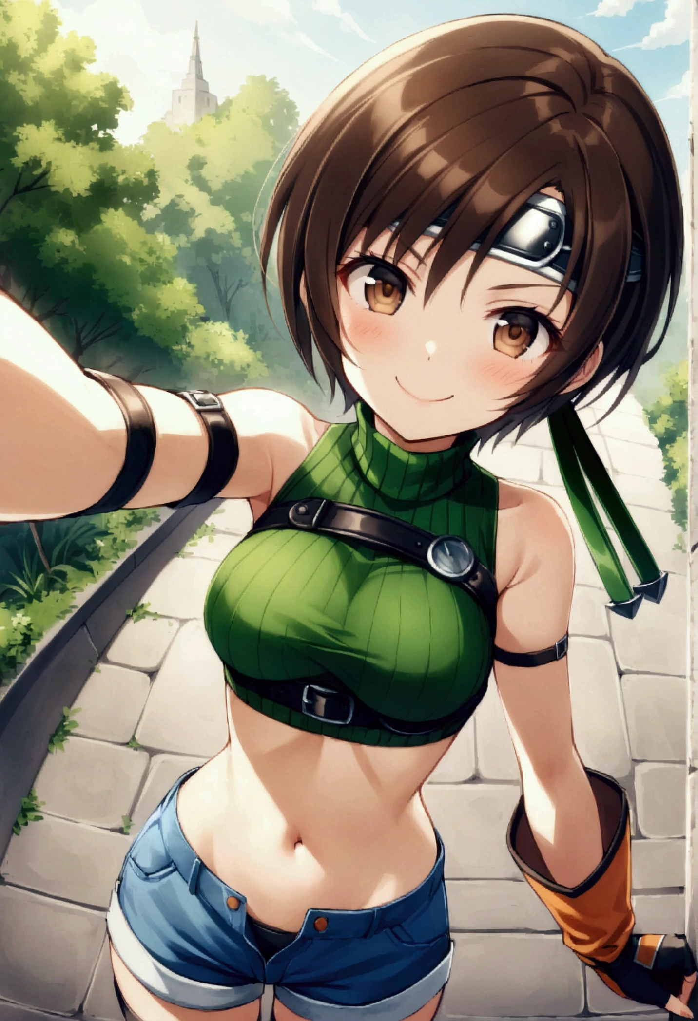 score_9, score_8_up, score_7_up,,BREAK ,source_anime ,from above,front view,below angle,,standing,upperbody,,straight-on,Solo,1girl, yuffie kisaragi, final fantasy,,short hair,headband,navel,sleeveless,turtleneck,brown eyes,sleeveless turtleneck,solo,breasts,looking at viewer,smile,gloves,crop top,brown hair,shorts,midriff,sweater,open fly,fingerless gloves,ribbed sweater,medium breasts,,slim waist ,smug,smile,selfie,,daytime,outdoor,,best quality,masterpeace,aesthetic,very aesthetic,