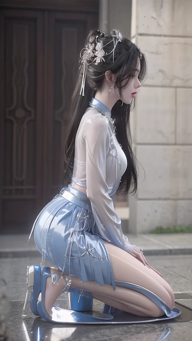 A beautiful young woman，Long hair，Wearing pajamas，Wearing silver high heels，Wearing a skirt，full-body shot，Kneeling on the ground，Get down on your knees。