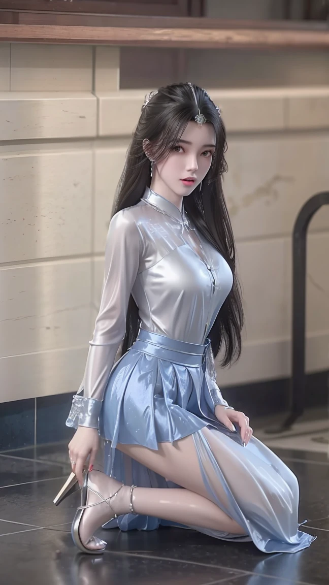 A beautiful young woman，Long hair，Wearing pajamas，Wearing silver high heels，Wearing a skirt，full-body shot，Kneeling on the ground，Get down on your knees。