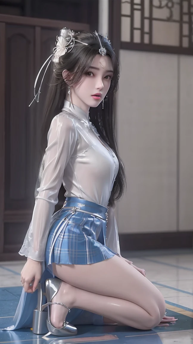 A beautiful young woman，Long hair，Wearing pajamas，Wearing silver high heels，Wearing a skirt，full-body shot，Kneeling on the ground，Get down on your knees。