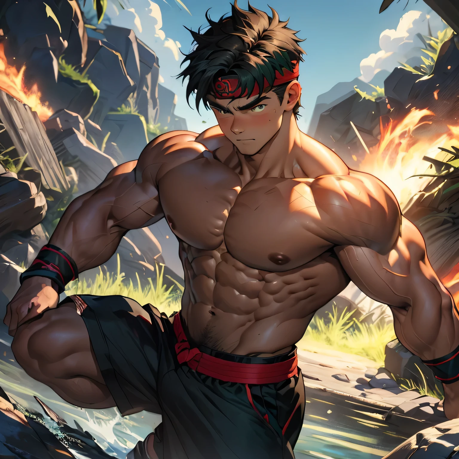 (Masterpiece, Best quality, 8k, ultra-detailed, 19 year old boy, worm eyes, black background), Young, boy, muscler, Shirtless, ((((solo, steam, intense battle scene, heroic figure, surrounded by swirling green aura)))), (Dark Short straight hair, ((almost completely shaved hair)), under cut, brown eyes), (red headband, ((black wristband))), Vivid colors, ((hot Abs:1.2, abs!, big abs, big breast:1.2, chest!, muscler upper arms)), muscler!, muscler body, martial arts stance, detailed face, detailed muscle, (((random fighting pose, powerful, action, rippling muscles, turquoise aura around body, concentrate, deep night, man of steel, kicking)))