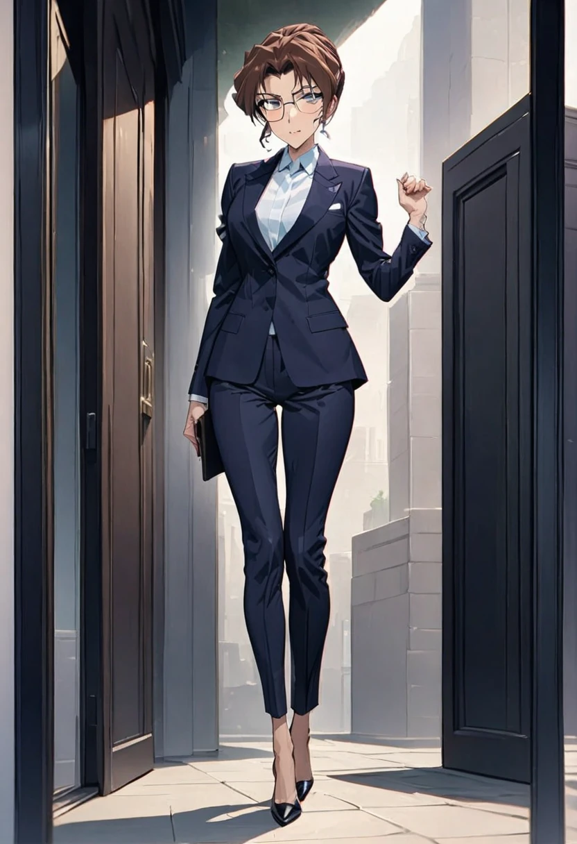Beautiful lawyer ,(best quality,masterpiece,full body,solo:1.4), Perfect figure, Wearing glasses, Ultra Clear, Super detailed, Depth of written boundary, Brown Hair, Charismatic, 36 years old
