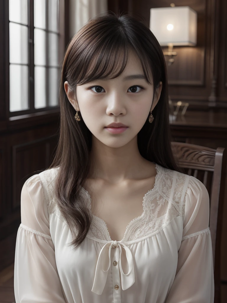 a young beautiful korean woman, close-up portrait, breasts visible through a white transparent blouse, sitting on a chair, detailed facial features, detailed eyes, delicately sculpted lips, flawless porcelain skin, long hair, elegant pose, soft lighting, high quality, photorealistic, cinematic, dramatic, chiaroscuro lighting