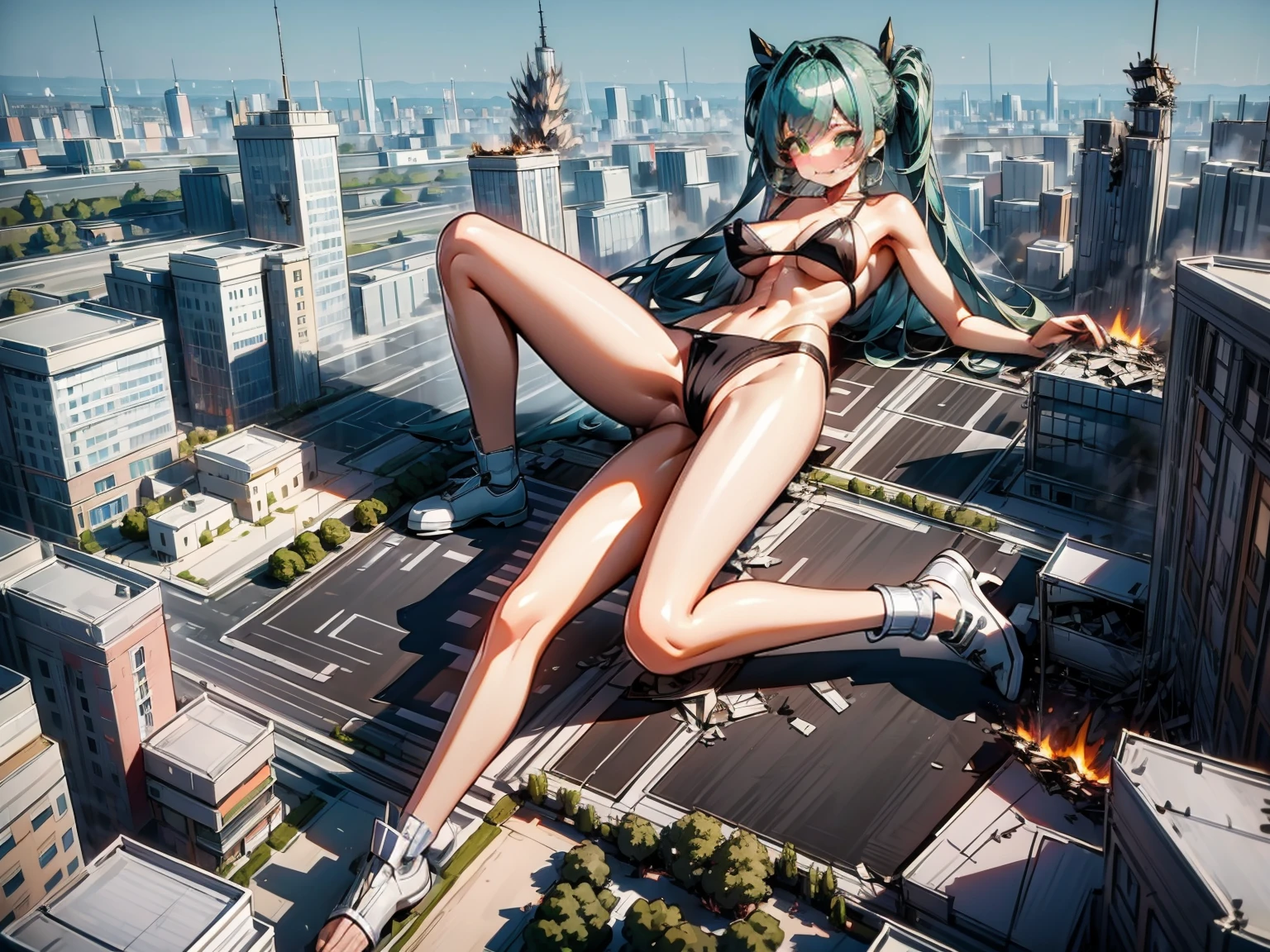 Giantess, long sexy legs, yellow hair, bikini,lying on top of destroyed buildings, city at her feet burns in flames for the destruction she has caused, tiny people climb on her body to try to defeat her uselessly. Giantess, goddess, macrophilia, curvaceous body, hentai, fetish, sexy legs, bikini, high heels, high quality, tiny people, people climbing body, giantess body, small people