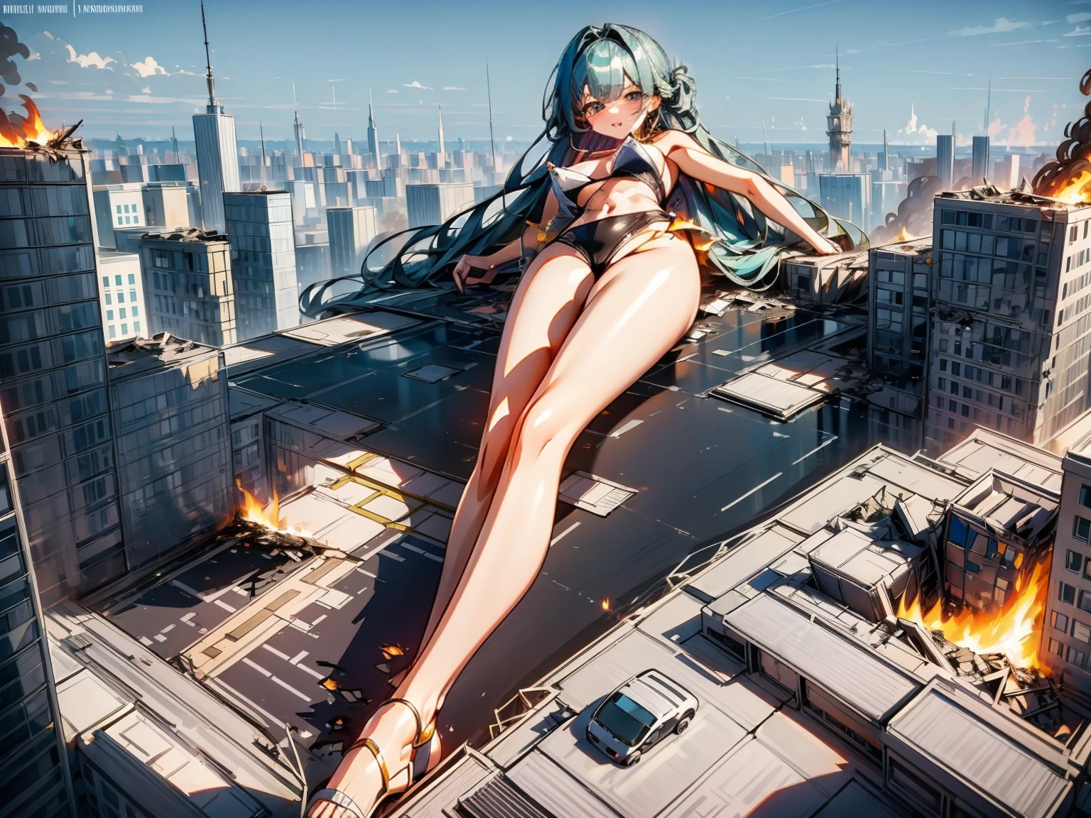 Giantess, long sexy legs, yellow hair, bikini,lying on top of destroyed buildings, city at her feet burns in flames for the destruction she has caused, tiny people climb on her body to try to defeat her uselessly. Giantess, goddess, macrophilia, curvaceous body, hentai, fetish, sexy legs, bikini, high heels, high quality, tiny people, people climbing body, giantess body, small people
