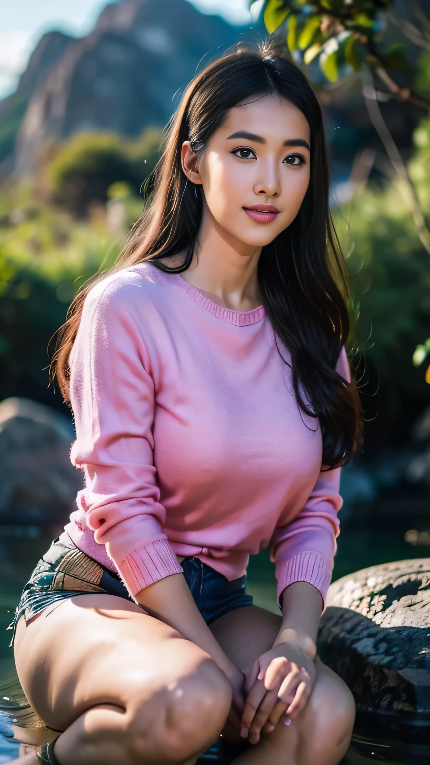RAW, Best quality, high resolution, masterpiece: 1.3), Beautiful young java woman (iu: 0.8), Best quality, high resolution, Masterpiece: 1.3, Masterpiece, naked, porn, open legs, showing vagina ((At the rock river jungle)), night, fog, pastel hiking clothes, pullover, orgasm, highres, 4k, HDR, 1girl, photorealistic, realistic, big breasts, ((whole body)) turning away facial at viewer, closeup, heavy mountains, misty, fog