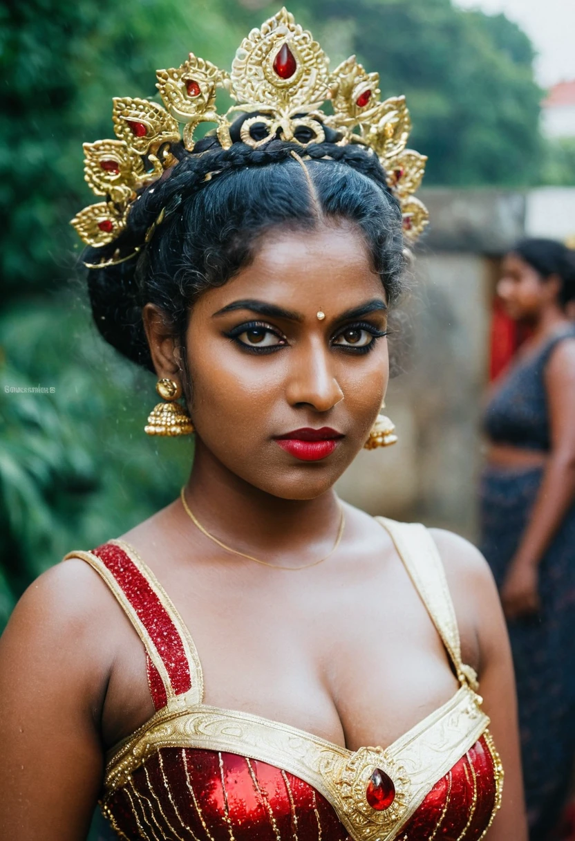 (((photo of a ancient kerala crowned temple goddess ))), (((black kali))) , (((Half Body))), (((very dark skin))), (((age 18+))), (((plus size chubby tall))), (((huge busty milky wet big massive boobs))), (((nude thick thigh))), (((ancient black mini skirt))), ((black skin dark body)), (((red ornaments))), (((depth of field))), ((( flame bokeh))), (((rain))), ((( flashing light leaks))), (((divine))), photorealistic,photo, realism, Getty Images, RAW candid cinema, 16mm, colour graded portra 400 film, remarkable colour, ultra realistic, textured skin, remarkable detailed pupils, realistic dull skin noise, visible skin detail, skin fuzz, dry skin, shot with cinematic,light leaks, RAW Image, DOF, depth of field,bokeh,mylocalgirl