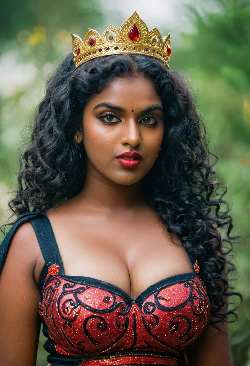 (((photo of a ancient kerala crowned temple goddess ))), (((black kali))) , (((Half Body))), (((very dark skin))), (((age 18+))), (((plus size chubby tall))), (((huge busty milky wet big massive boobs))), (((nude thick thigh))), (((ancient black mini skirt))), ((black skin dark body)), (((red ornaments))), (((depth of field))), ((( flame bokeh))), (((rain))), ((( flashing light leaks))), (((divine))), photorealistic,photo, realism, Getty Images, RAW candid cinema, 16mm, colour graded portra 400 film, remarkable colour, ultra realistic, textured skin, remarkable detailed pupils, realistic dull skin noise, visible skin detail, skin fuzz, dry skin, shot with cinematic,light leaks, RAW Image, DOF, depth of field,bokeh,mylocalgirl