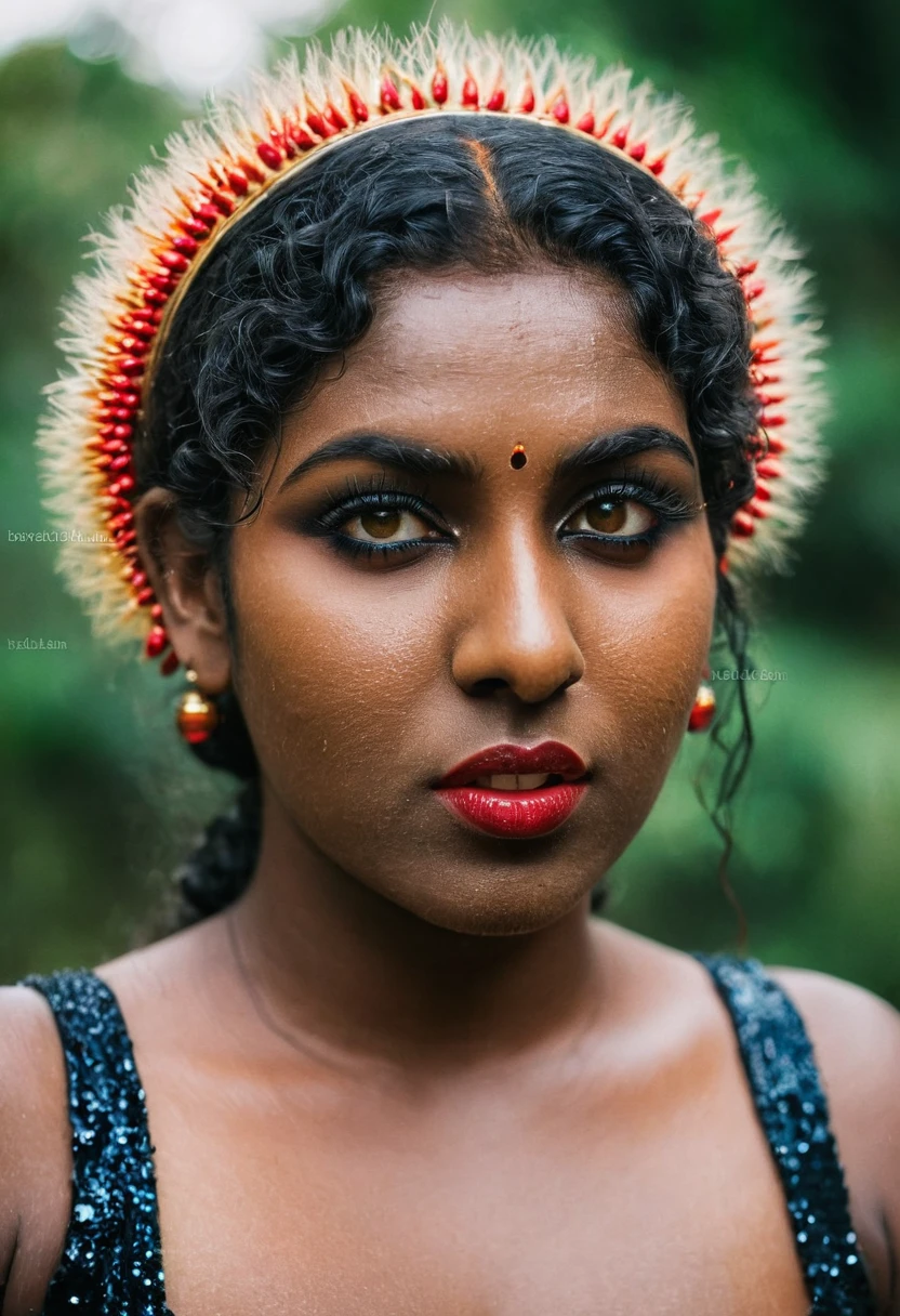 (((photo of a ancient kerala crowned temple goddess ))), (((black kali))) , (((Half Body))), (((very dark skin))), (((age 18+))), (((plus size chubby tall))), (((huge busty milky wet big massive boobs))), (((nude thick thigh))), (((ancient black mini skirt))), ((black skin dark body)), (((red ornaments))), (((depth of field))), ((( flame bokeh))), (((rain))), ((( flashing light leaks))), (((divine))), photorealistic,photo, realism, Getty Images, RAW candid cinema, 16mm, colour graded portra 400 film, remarkable colour, ultra realistic, textured skin, remarkable detailed pupils, realistic dull skin noise, visible skin detail, skin fuzz, dry skin, shot with cinematic,light leaks, RAW Image, DOF, depth of field,bokeh,mylocalgirl