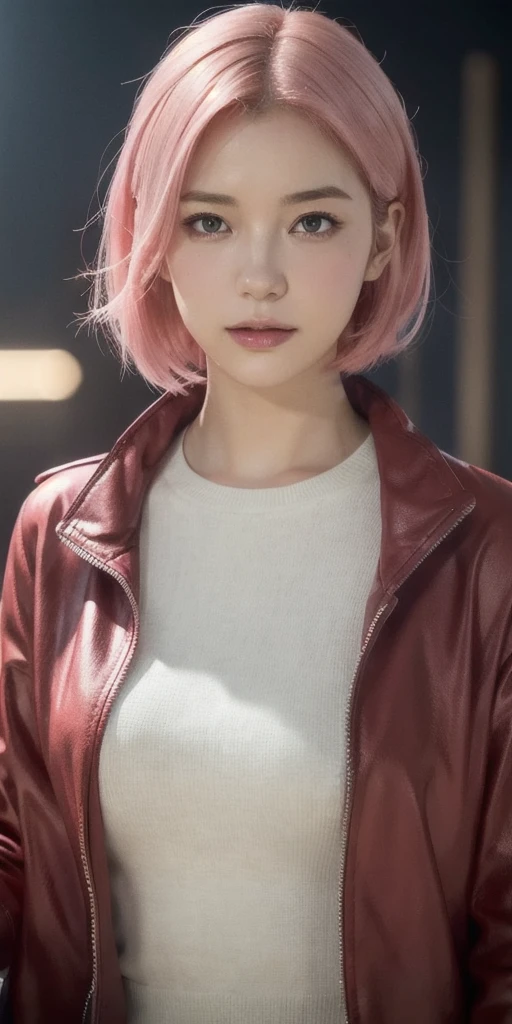 Sakura haruno, seductive, ((forehead to show)), attractive, sexy eyes, red coat, pink hair, delicate, young, short hair, detailed face, high definition, full body, from League of Legends, trend in artstation, by rhads, andreas rocha, rossdraws, makoto shinkai, laurie greasley, lois van baarle, ilya kuvshinov and greg rutkowski