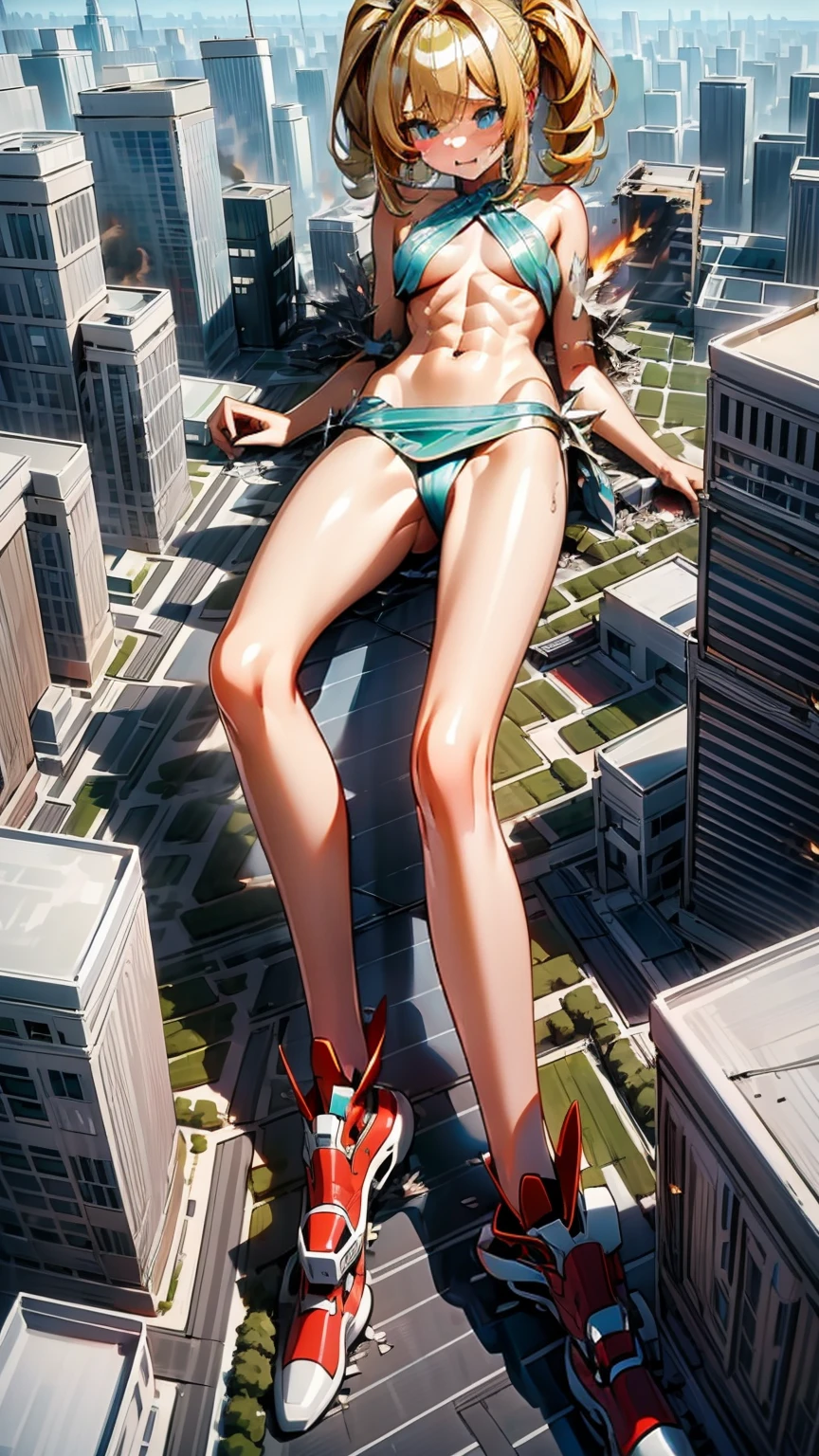 Giantess, long sexy legs, yellow hair, bikini,lying on top of destroyed buildings, city at her feet burns in flames for the destruction she has caused, tiny people climb on her body to try to defeat her uselessly. Giantess, goddess, macrophilia, curvaceous body, hentai, fetish, sexy legs, bikini, high heels, high quality, tiny people, people climbing body, giantess body, small people