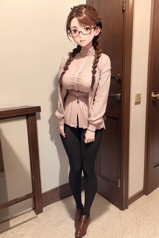 1 Female,Brown Hair, ,((Anxious expression)),Beautiful breasts,uniform,Stylish,,(Look forward)(((Blushing、Surprised expression)),(((Braid))),((( Full body portrait)))Frameless Glasses