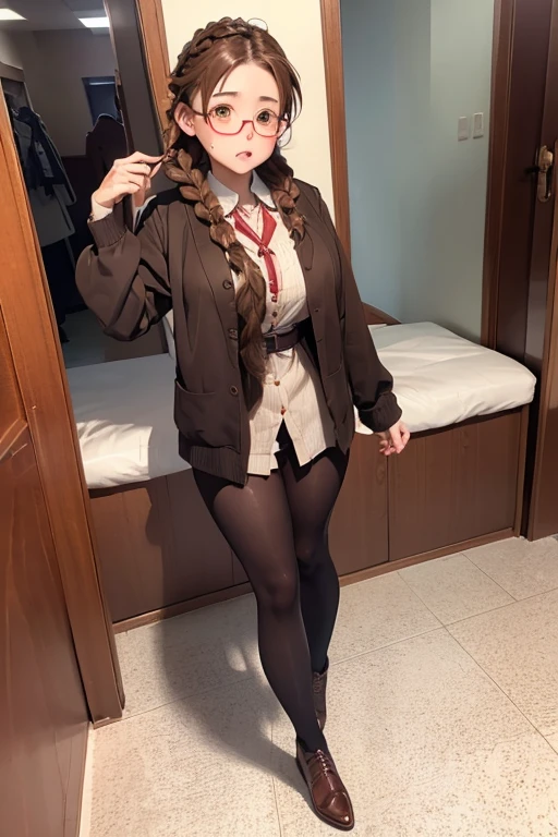 1 Female,Brown Hair, ,((Anxious expression)),Beautiful breasts,uniform,Stylish,,(Look forward)(((Blushing、Surprised expression)),(((Braid))),((( Full body portrait)))Frameless Glasses