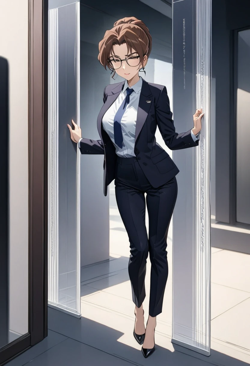 Beautiful lawyer ,(best quality,masterpiece,full body,solo:1.4), Perfect figure, Wearing glasses, Ultra Clear, Super detailed, Depth of written boundary, Brown Hair, Charismatic, 36 years old