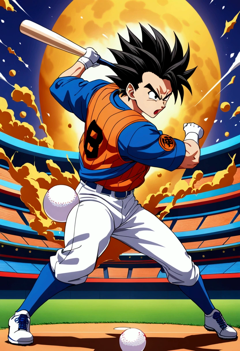 Son Go Han(form Dragon Ball Z)as a baseball player, play as striker, hit curved ball(hitting ball:1.8), iconic hitting stance, wink, vivid color, perfect anime style, perfect mix color, super detailed, best quality wallpaper, 8k, absurdity, expressive realism, perfect lightness