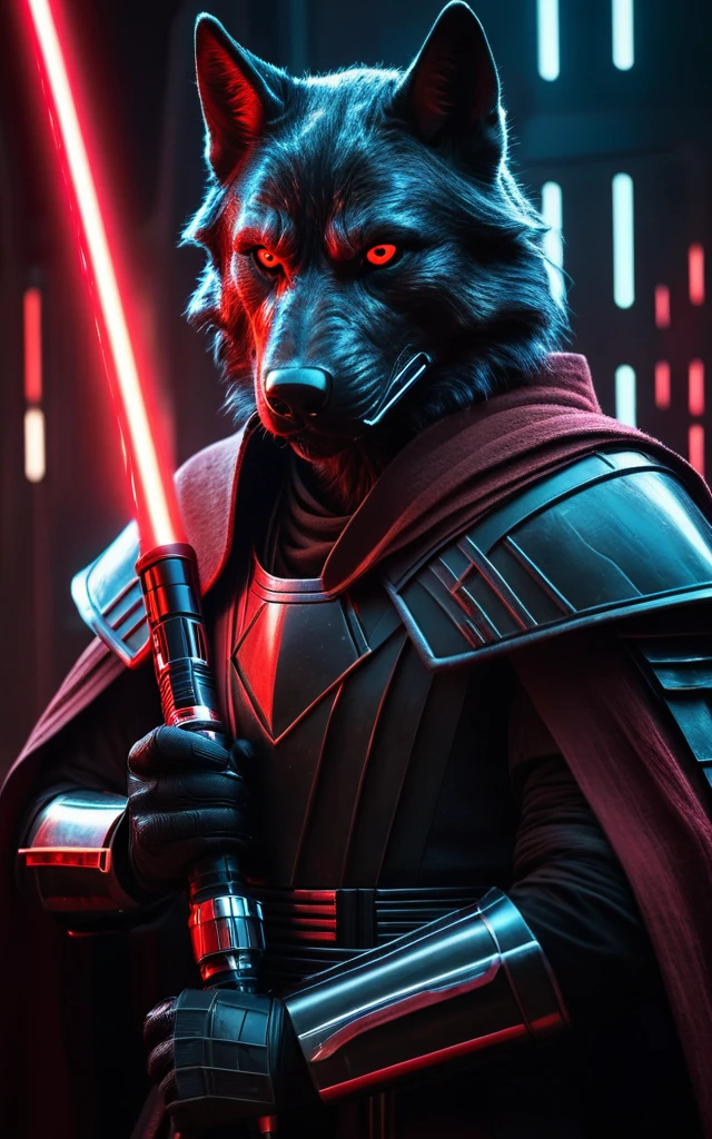 cinematic star wars, black wolf humanoid sith lord, extremely detailed face and features, , intricate armor, red glowing lightsaber, dramatic lighting, epic fantasy, muted color palette, cinematic composition, dramatic combat poses, hyper realistic, 8k, high quality, masterpiece