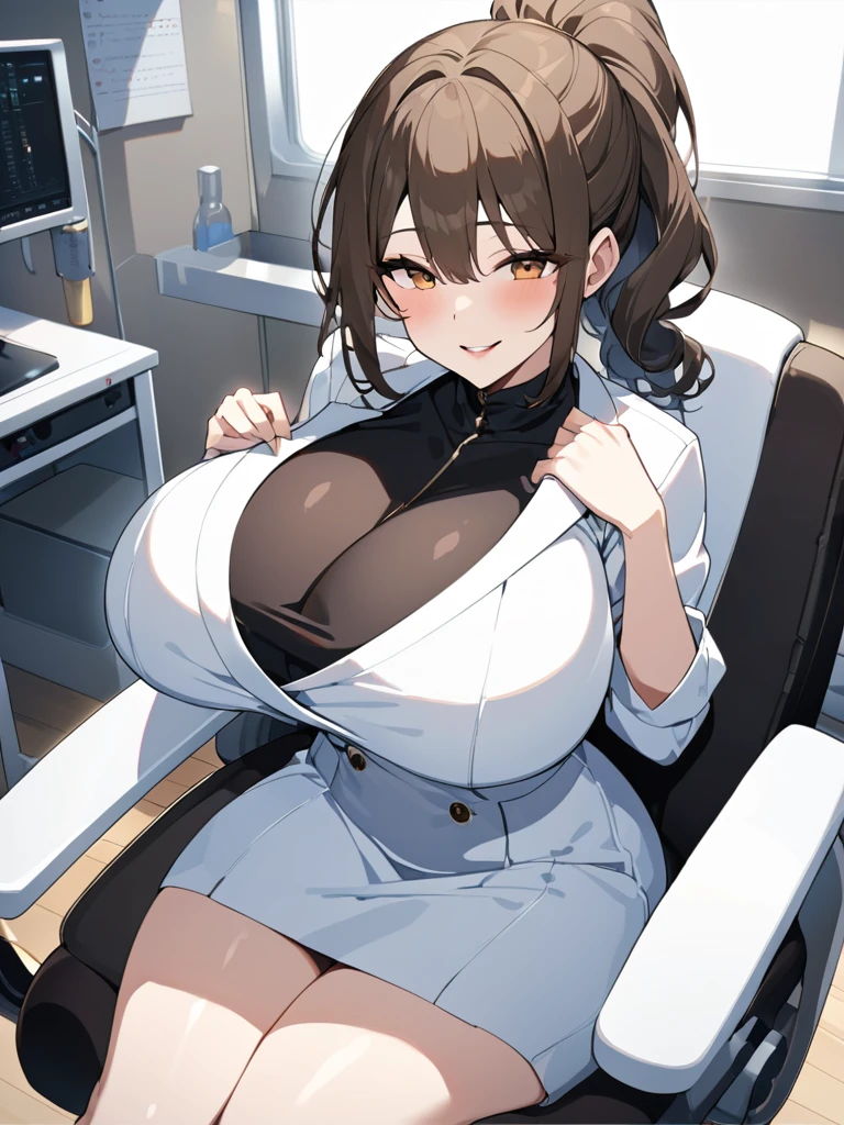 Highest quality、extremely detailed CG、One woman、27-year-old female、Huge breasts:1.3、sagging breast:1.3、White、white coat、white gown、Black inner shirt、Black inner shirtと白いコートを着てカメラに向かってポーズをとるアニメの女の子, breasts covered and SFW, chic,Whiteを着て, Cel-shaded adult animation、Brown Hair、ponytail、Health Room、学校のHealth Room、health room、sitting in a swivel chair、smile