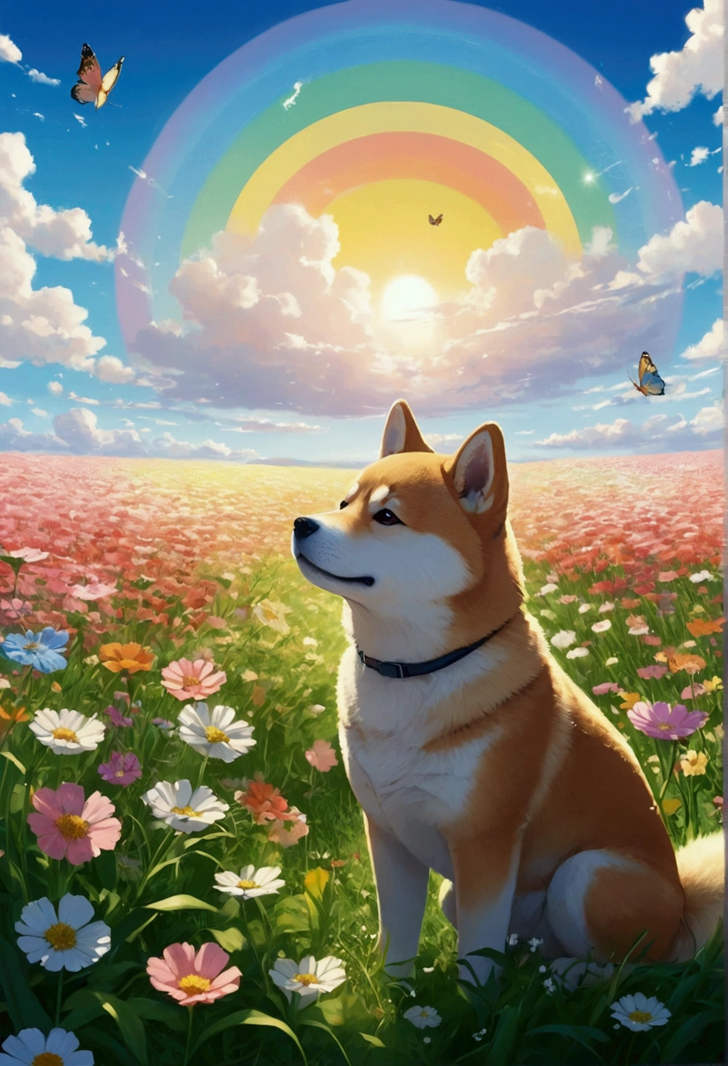 Makoto Shinkai Taste, Flower Field, Beautiful blue sky, 1Shiba Inu puppies, Healing scenes, hope,cute,rainbow,ga A butterfly is flying,