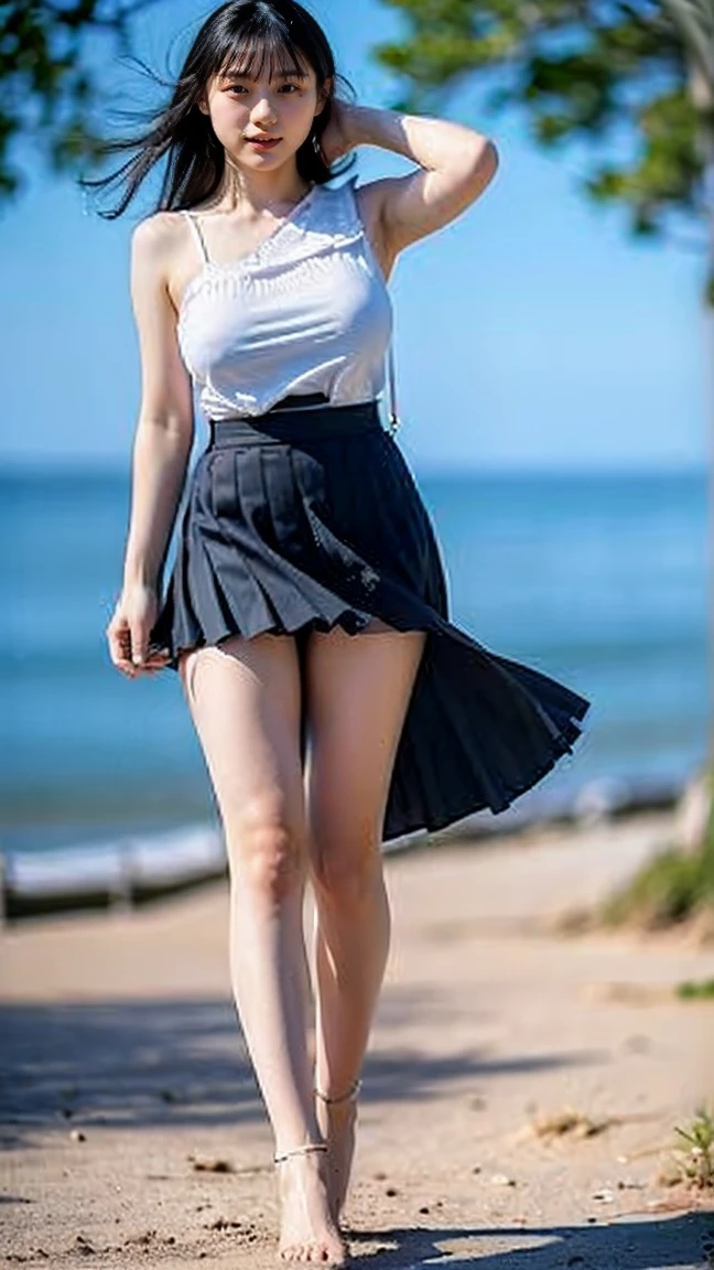 (((Big Breasts:1.52)))、((Viewing angle from below、Highest quality、masterpiece、32k、Every detail))、Descend the outdoor stairs、commute、Systemic symptoms、Very loose camisole、Pleated skirt、(((A strong wind blows my hair and skirt away:1.62)))、((Shoulder strap can be worn diagonally:1.83))((Extremely precise and accurate anatomy:1.0)), (photo Realistic:1.4), (hyper Realistic:1.4), (Highest qualityのRealisticな肌の質感:1.4), (Improvement of quality:1.4), (Enhances the beauty of skin texture:1.1), Clean and glowing skin, mesh, thin:1.2, (Realistic:1.3), Realisticなライティング, (Smoother lighting:1.05), (Improving the quality of cinema lighting:0.9), Backlight, A gentle light on your face, Ray Tracing, (Bright light:1.2), 32k, One Japanese woman, fine grain, Detailed face, (Film Grain:1.1),(Accentuates body lines:1.1), High resolution, Natural look, Kind eyes, Improves hair quality, Delicate light and shadow, 、One Girl, alone、(((mini skirt, No underwear:1.22)))、Big Breasts、barefoot, High heels