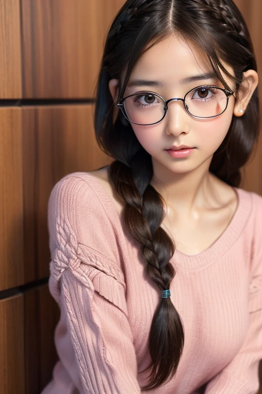 1 female,Brown Hair, ,((Anxious expression)),Beautiful breasts,stylish,,(look forward to)(((Blushing、Surprised expression)),(((Braiding))),((( Full body portrait)))Frameless Glasses、bangs