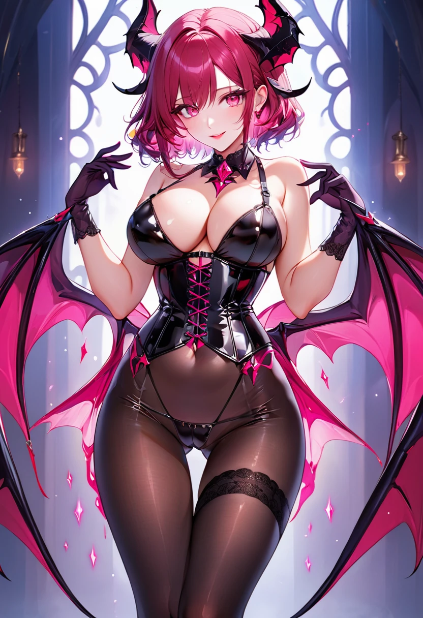 1 mature and seductive woman,(Detailed Description,Incredibly absurd,High resolution,8k wallpaper,masterpiece,Highest quality,Depth of region,Anatomically accurate depiction,A face with attention to detail, Eye for detail,Perfect body,Two lovely hands, Five perfect fingers,Two curvaceous legs),(Succubus),(Glowing Skin,Shiny skin,Oilskin),(Black Lingerie,corset,black tights),eyelash,eye shadow,eyeliner、mascara,(Bright pink eyes,Sticking out tongue,Condescending Gaze,A seductive smile,Large Breasts,Glossy Lips,Supporting the chest from below with hands),Sweat,whole body,(From above:1.1)