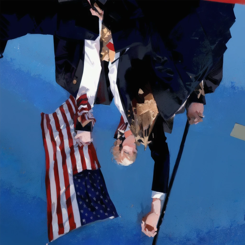 Two men standing side by side holding an American flag, View from below, Top down shot, Donald Trump kisses Joe Biden, By Jan Rustem, patriotism, overhead, Top down shot, victory, Secret Service Photos, Top view, Photo from top to bottomgraph, Photo from top to bottom, Shooting from below, Joe Biden kisses Donald Trump