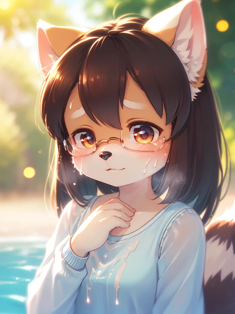 (Sumilux f1.4 75mm , low Latitude old color negative film , cross process , bokeh, flare, chromatic aberration , soft focus, (Shallow focus) , soft glow , Maximum aperture, High Key , Transparent depiction) , closeup face , dull geek female raccoon dog , (splashing white cream on face)