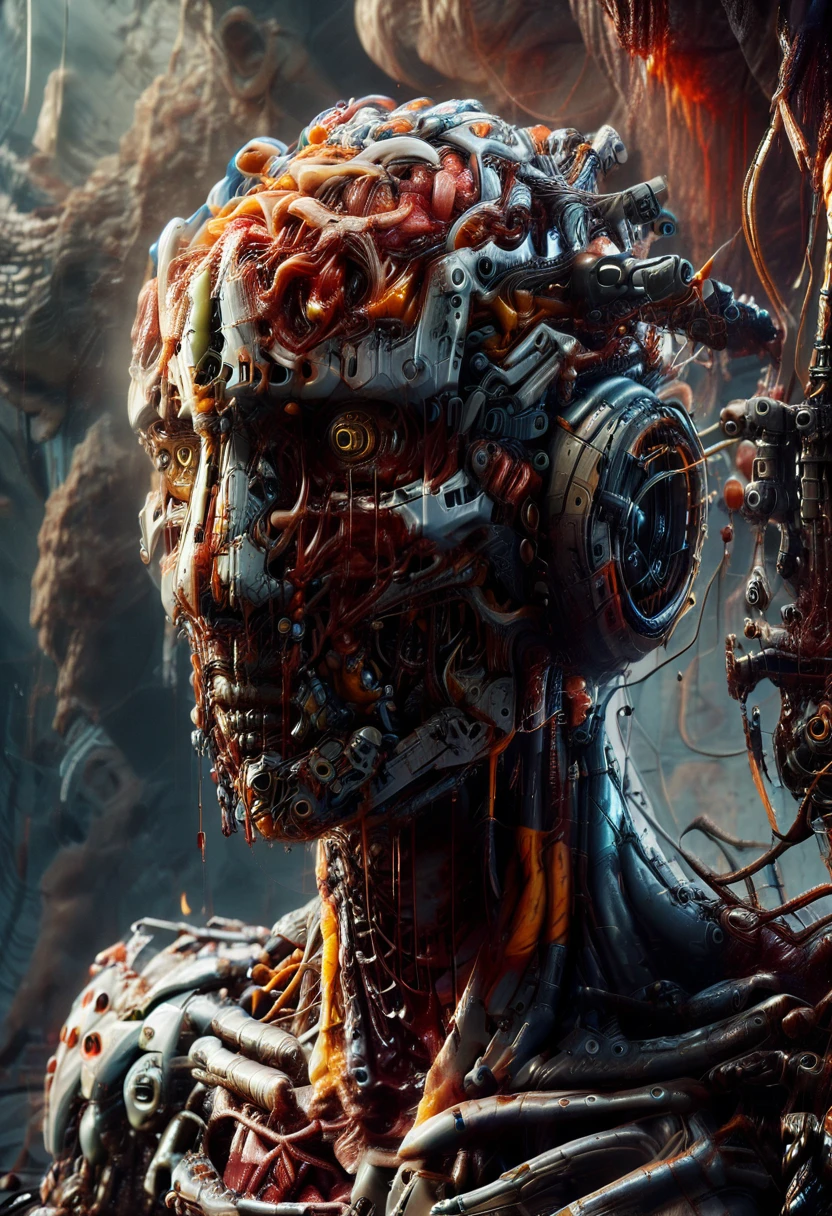 Close portrait of a man, looking beyond camera, (enormously spacious rocky cavern background:1.1), (dark room:1.2), cyborg, biopunk, biomechanical, augmentations, visceral, goopy, (hazy air:1.2), dim glow in background, faintly glowing mushrooms on ground, ultra realistic