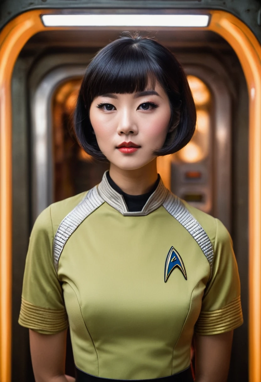 (wearing star trek original series 60s/70s one piece mini dress bridge crew uniform )) (asian-european, half-asian crew member with bob haircut and slim figure) ((in the style of a retro-futuristic, retro-scifi film, pulp scifi book cover) ((soft focus, cinematic, film grain)