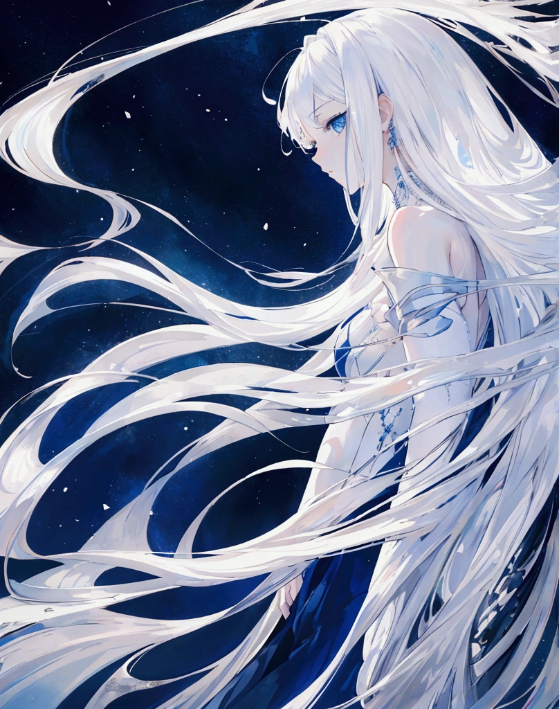 ((masterpiece)), ((best quality)), (from side1.32), (half-body shot:1.36), perfect anatomy, 1girl, solo, long straight white hair, flowing hair, shining blue eyes, white dress, dramatic lighting, looking at viewers