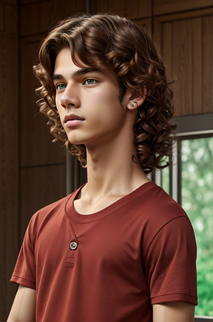 14 year old boy,quiet, red and wavy hair that reaches to his ears,with almond-shaped green eyes and somewhat large eyelashes,with a button nose and not so big lips,medium tanned but light skin,with low blush,with black t-shirt and red sweatshirt anime digital art style