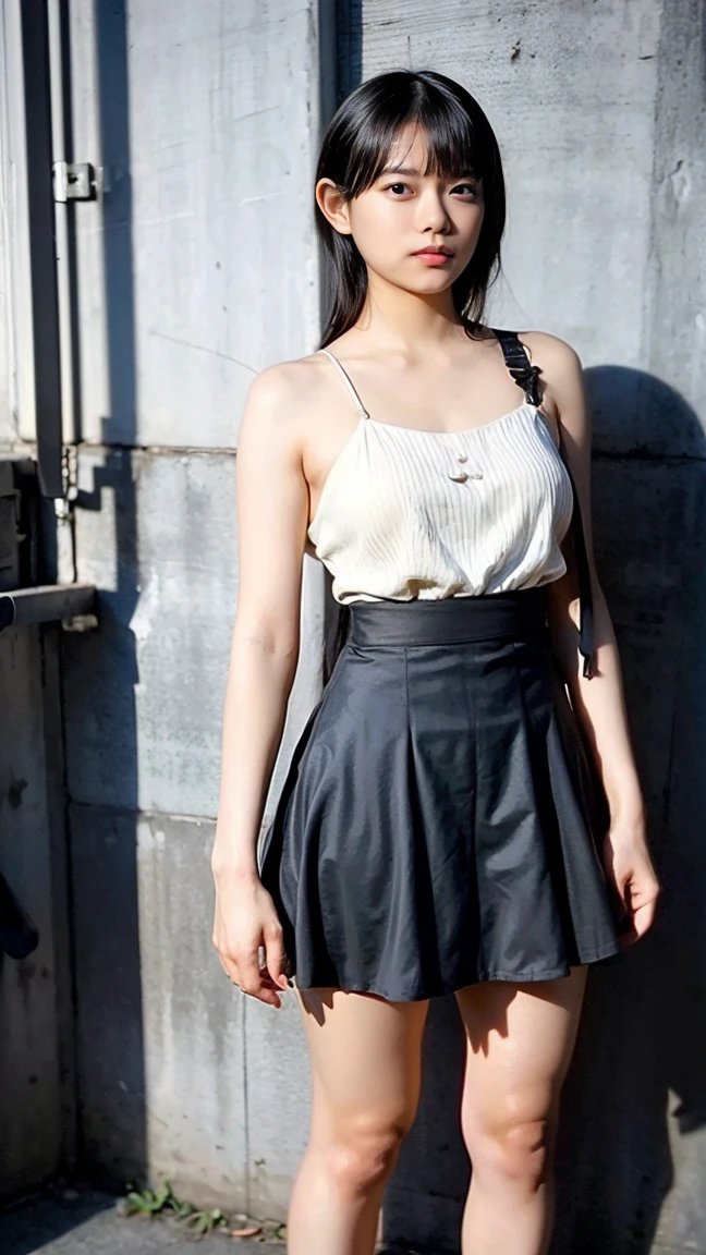 (((Big Breasts:1.52)))、((Viewing angle from below、Highest quality、masterpiece、32k、Every detail))、Descend the outdoor stairs、commute、Systemic symptoms、Very loose camisole、Pleated skirt、(((A strong wind blows my hair and skirt away:1.62)))、((Shoulder strap can be worn diagonally:1.83))((Extremely precise and accurate anatomy:1.0)), (photo Realistic:1.4), (hyper Realistic:1.4), (Highest qualityのRealisticな肌の質感:1.4), (Improvement of quality:1.4), (Enhances the beauty of skin texture:1.1), Clean and glowing skin, mesh, thin:1.2, (Realistic:1.3), Realisticなライティング, (Smoother lighting:1.05), (Improving the quality of cinema lighting:0.9), Backlight, A gentle light on your face, Ray Tracing, (Bright light:1.2), 32k, One Japanese woman, fine grain, Detailed face, (Film Grain:1.1),(Accentuates body lines:1.1), High resolution, Natural look, Kind eyes, Improves hair quality, Delicate light and shadow, 、One Girl, alone、(((mini skirt, No underwear:1.22)))、Big Breasts、barefoot, High heels
